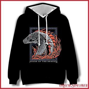 "House Of Dragon" Print Dragon Fire & Flames Black Hooded Sweatshirt NWT
